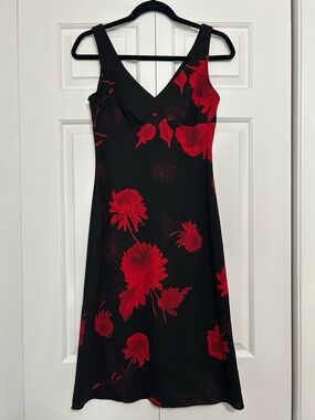 Vintage Late 90s La Belle Black Sleeveless Dress with Red Floral Print